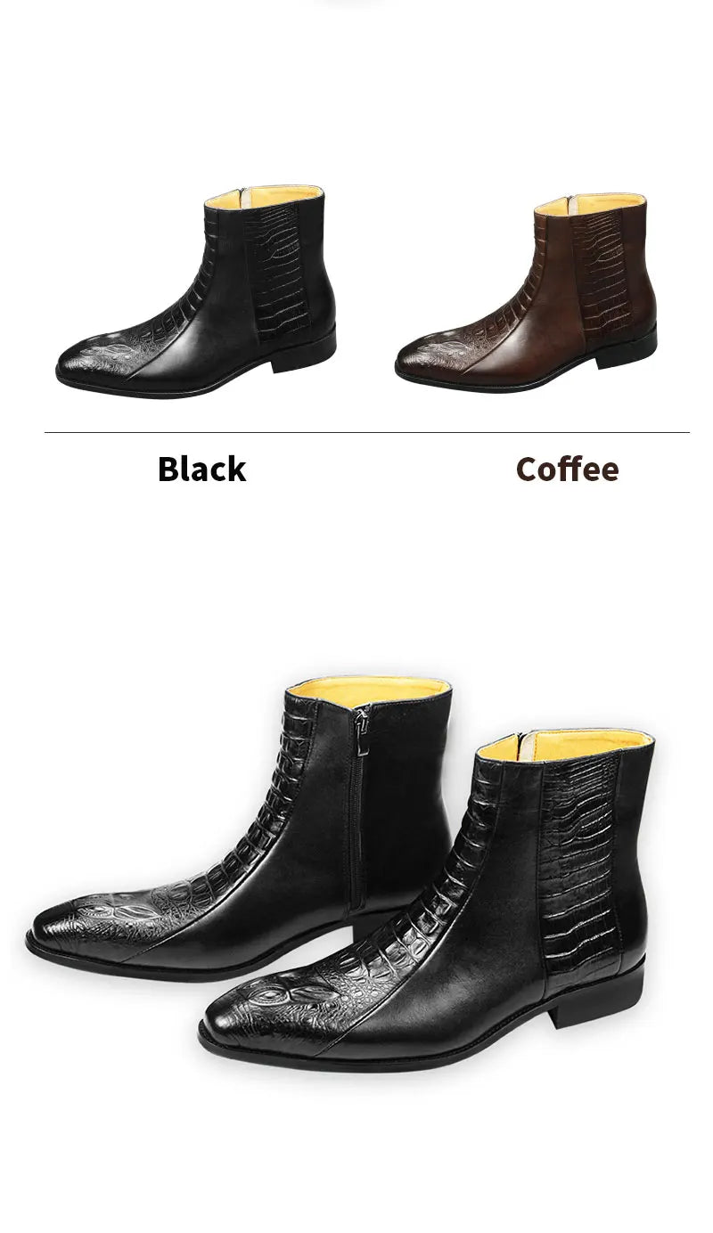 Genuine Leather Mens Boots Autumn Winter Vintage English Style Pointed Toe Work Boots Exquisite Crocodile Engraved Zipper Shoes