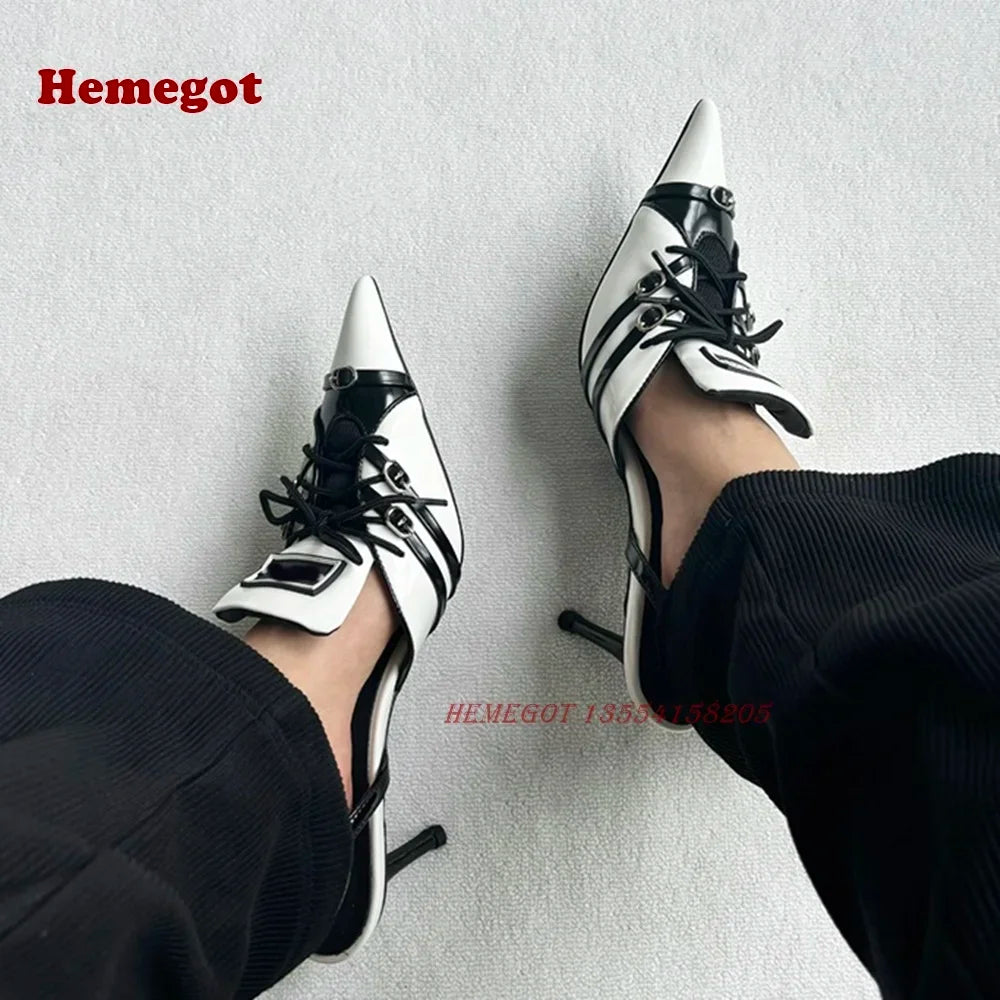 Red White Lace-Up Slingback Pumps Pointed Toe Thin Heel Buckle Women's Sandals 2024 Patchwork Mixed Color Party Shoes Luxury