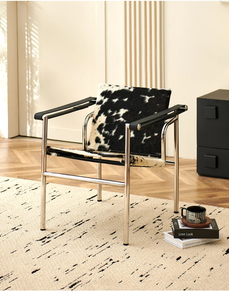 Italian Simple Saddle Chair, Single Leather Stainless Steel Leisure Chair Minimalist Single Black Sofa Chair Living Room Design