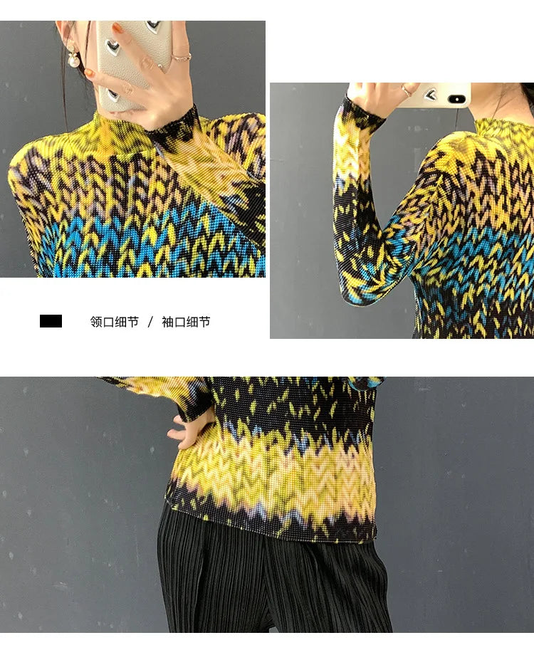 Miyake Pleated 2026 Spring and Summer New Fashion Tops Women's Long-sleeved Half-high Collar Printed T-shirt Bottoming Shirt