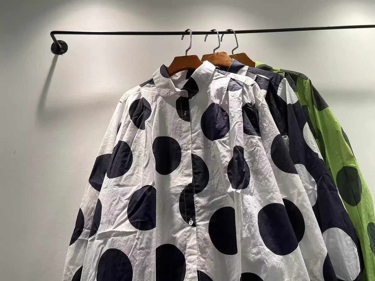 Bust 118cm Middle Aged Women Fall Clothes Japan Style Green Polka Dot Print Pure Cotton Shirt Dress for Women Autumn Loose Dress