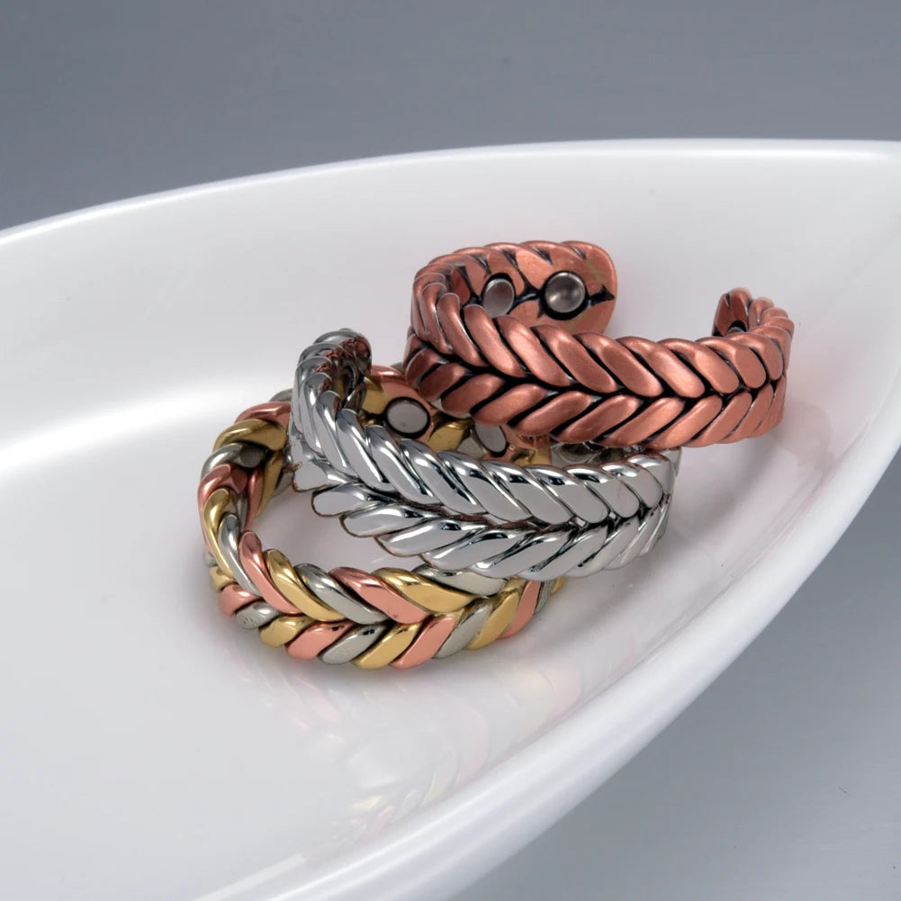 Vinterly Pure Copper Rings Magnetic Health Energy Braided Twisted Finger Open Cuff Adjustable Wedding Bands 7.3mm Wide Jewelry