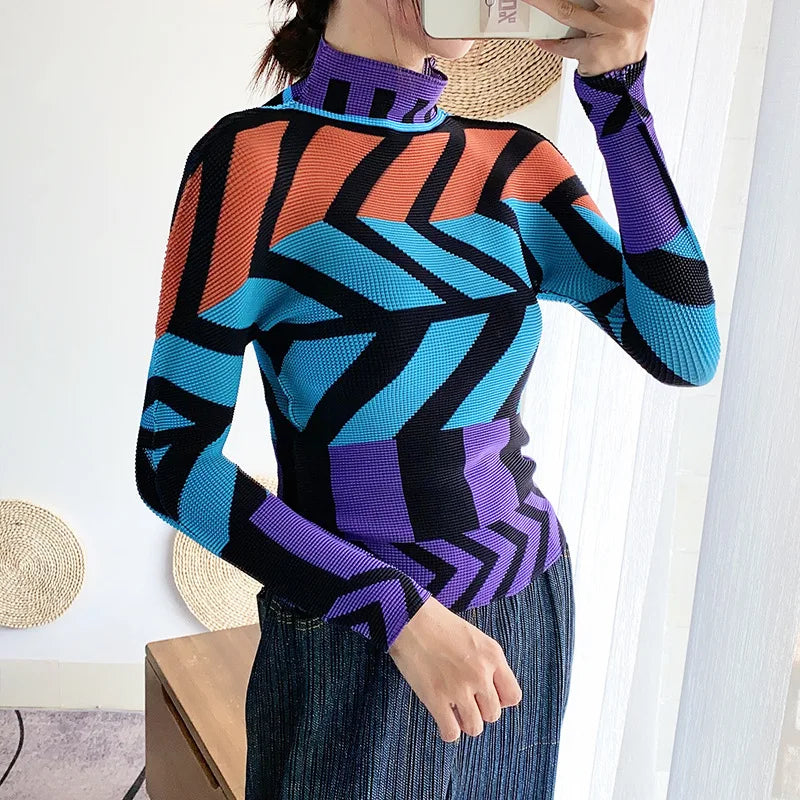 Miyake Pleated Contrasting Colors T-shirt Women Half Turtleneck Skinny Pullover 2025 Summer Fashion Female Clothing