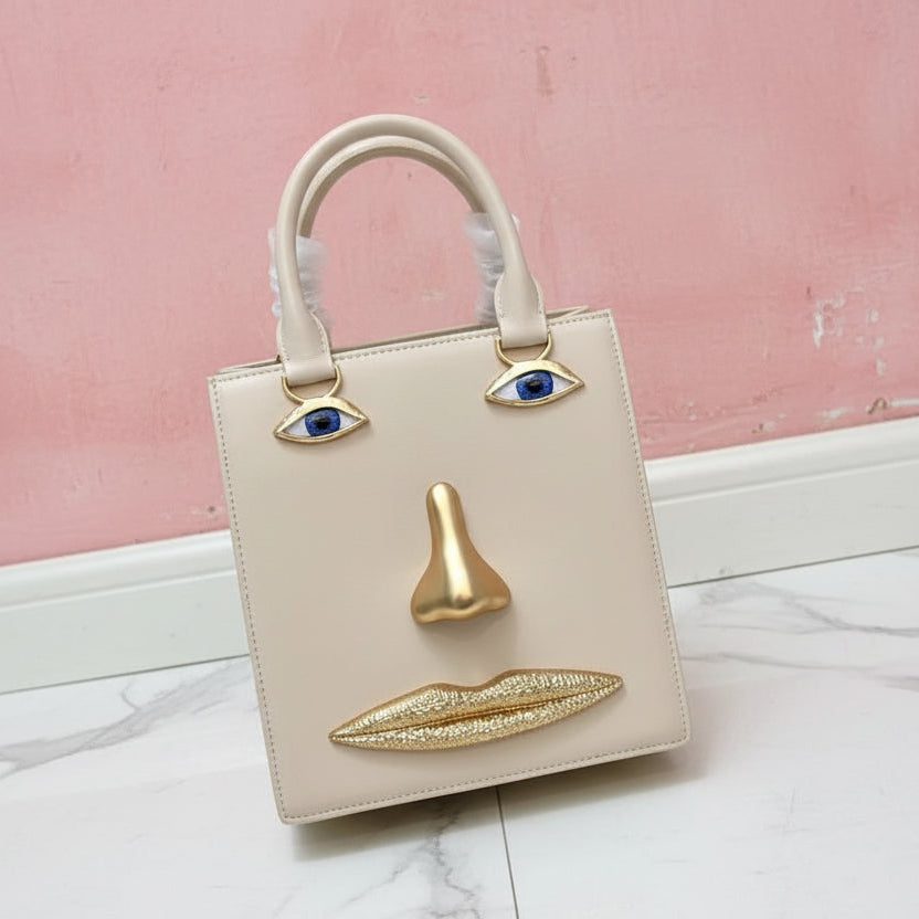2026 Summer New Women's Surreal  Leather Handbag 3D Face Hand Grip Pattern Tote Bag Silver Patent Leather Square Versatile Shoulder Bag