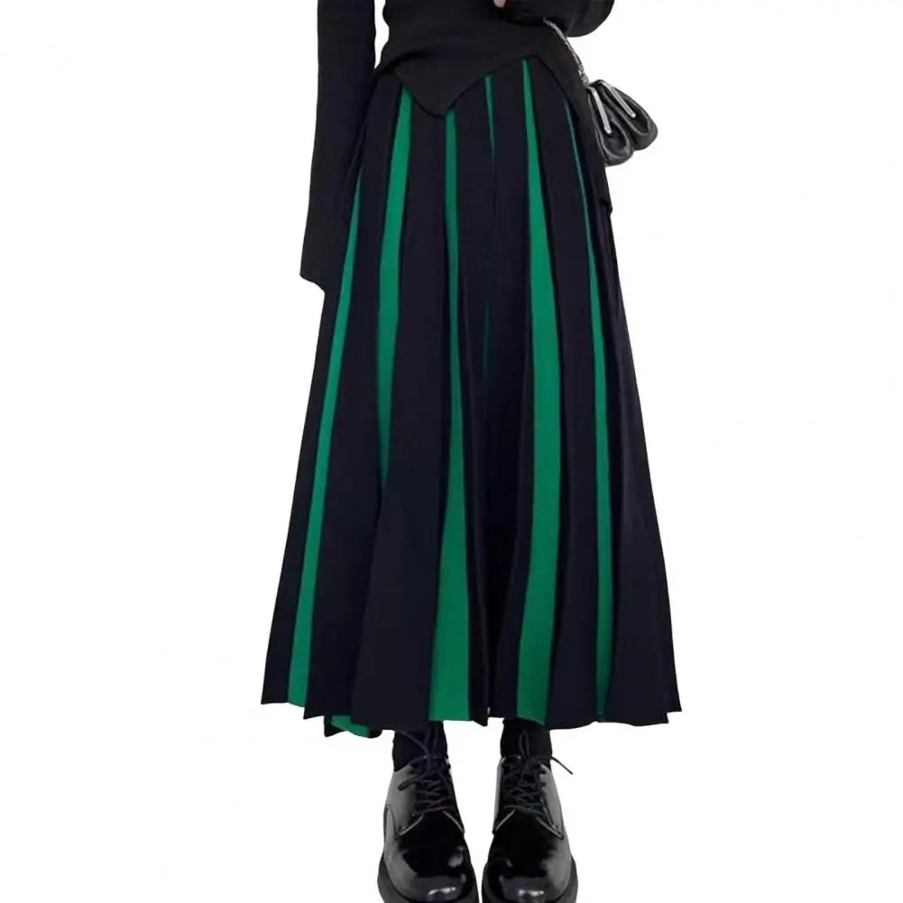 Women Midi Skirt High Waist Patchwork Color Pleated Skirt Ladies Autumn Knitting Skirt Women Versatile Comfortable Daily Wear