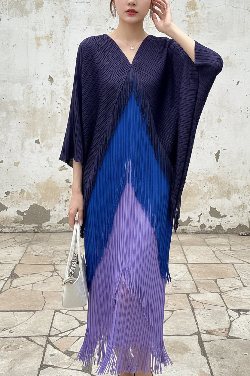 Fringe Pleated Dress Women's V-neck Bat Sleeve Splice Fashion Dress Women's 2026 Spring/Summer New