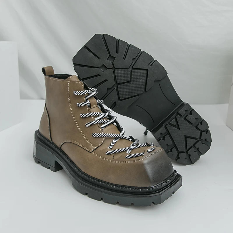 Autumn New Men Comfortable Lace Up Side Zipper High Top Leather Shoes Fashion Brand Round Toe Thick Soled Non Slip Outdoor Boots