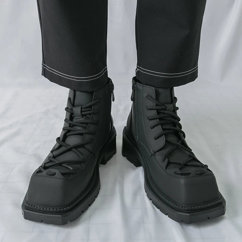 Autumn New Men Comfortable Lace Up Side Zipper High Top Leather Shoes Fashion Brand Round Toe Thick Soled Non Slip Outdoor Boots