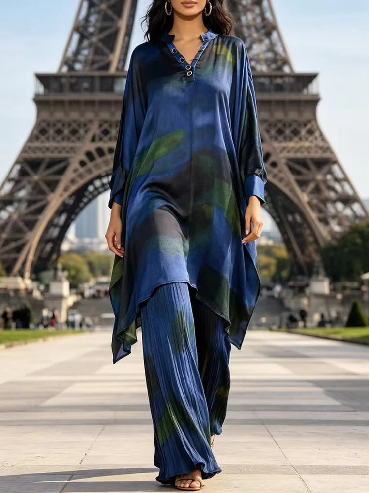 Retro geometric print V-neck pullover irregular dress 2026 autumn women's clothing+loose plus wide leg pants fashion set