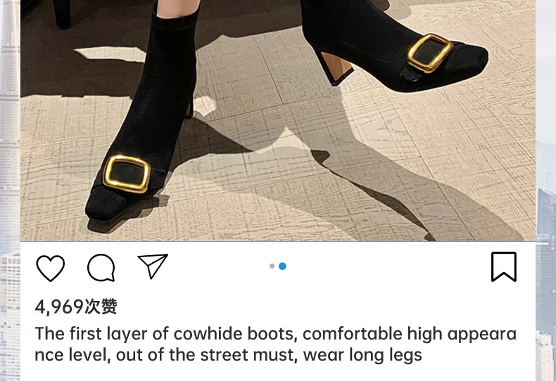 Ods Personalized Low-heeled Fashion Boots for Fall/winter New Pointed Metal Square Buckle Back Zipper Stretch Thin Ankle Boots42