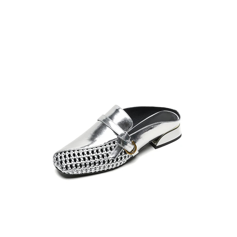 Dilalula 2025 Genuine Leather Hollow Women Mules Covered Toe Low Thick Heels Casual Slippers Ladies Summer Walk Belt Mesh Slides