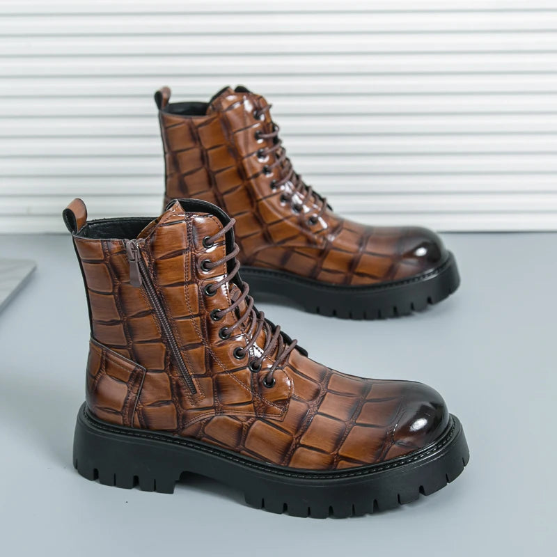 Luxury Brand Men's Autumn and Winter Crocodile Leather Side Zipper High Top Boots Fashionable New Men's Comfortable Short Boots