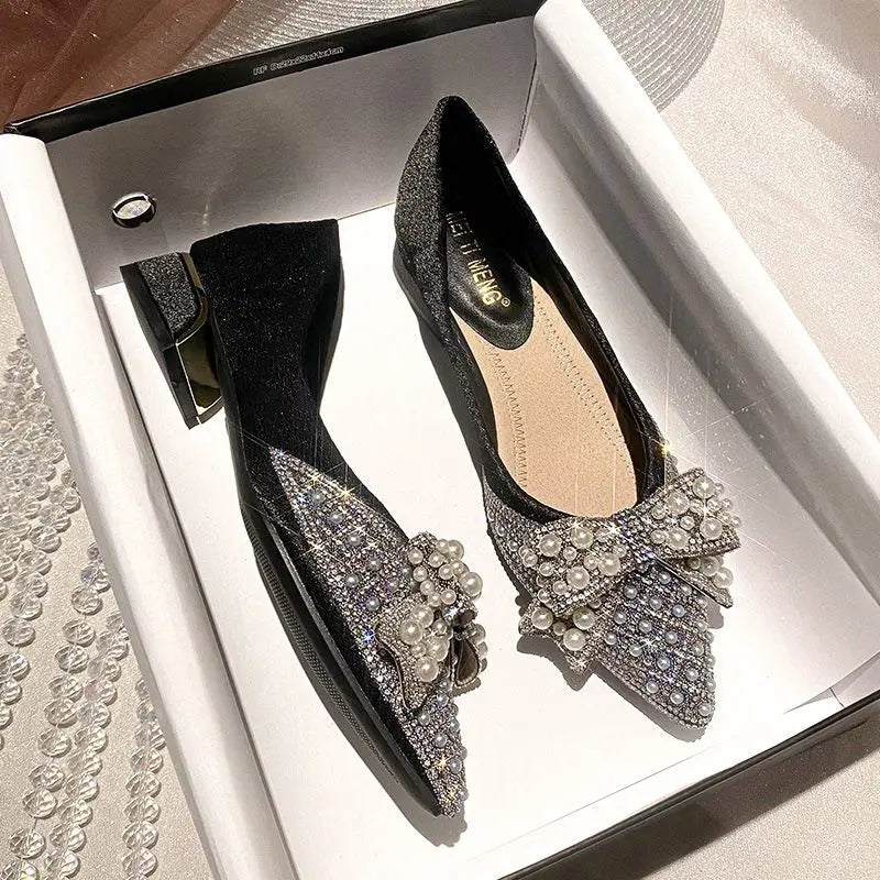 Women's Summer Footwear Pearl Square Heels Shoes for Woman 2025 Pointed Toe Diamond Low Heel Elegant with Crystals Rhinestone