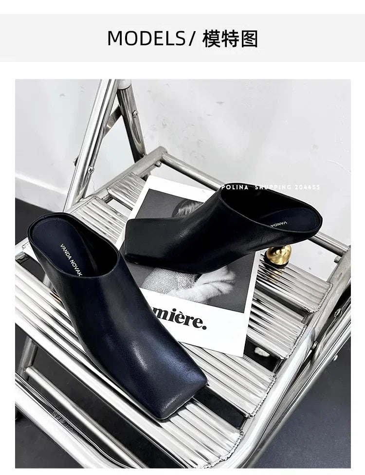 Retro Square Headed Wine Glasses and Slippers for Women in Summer 2025, New Style for Wearing Half Drag High Heels for Women