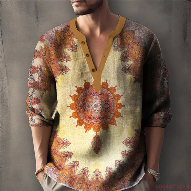 Men's Long-Sleeved Shirt with Retro Print, Stylish Design, Outdoor Casual Henley Collar, Loose Fit, Men's Vacation Top, XS-6XL.