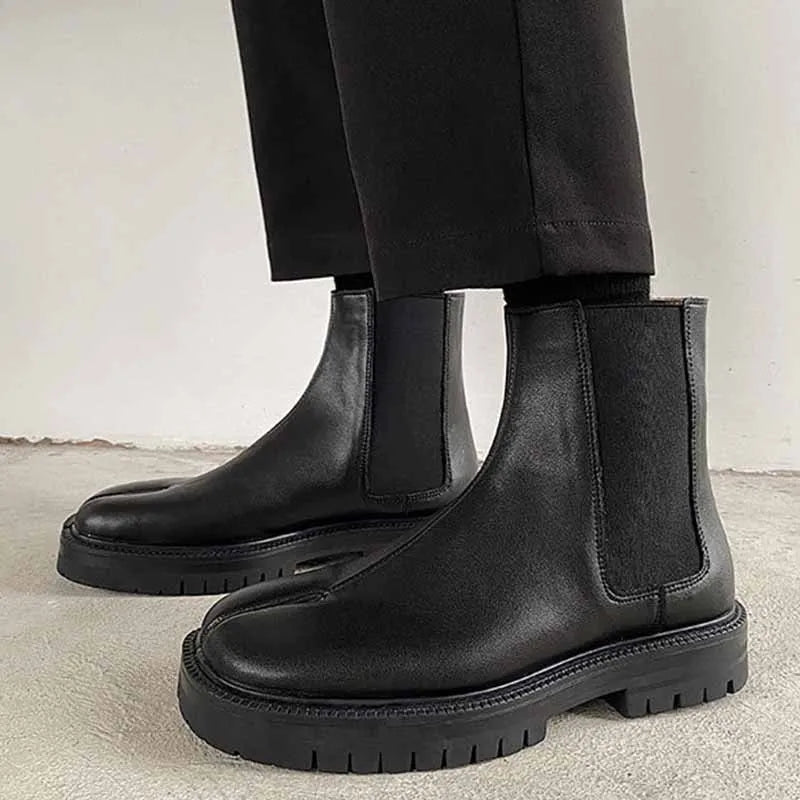 Genuine leather Split-toed Boots Mid-tube Chelsea Boots Men's and Women's Couples High-top Set of Split-toed Leather Shoes