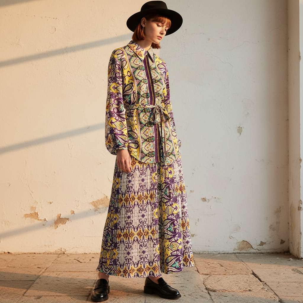 Spring Women's Retro Geometric Printed Collar Hoodie Loose Long Shirt Two Piece Set+Wide Leg Pants Fashion Set