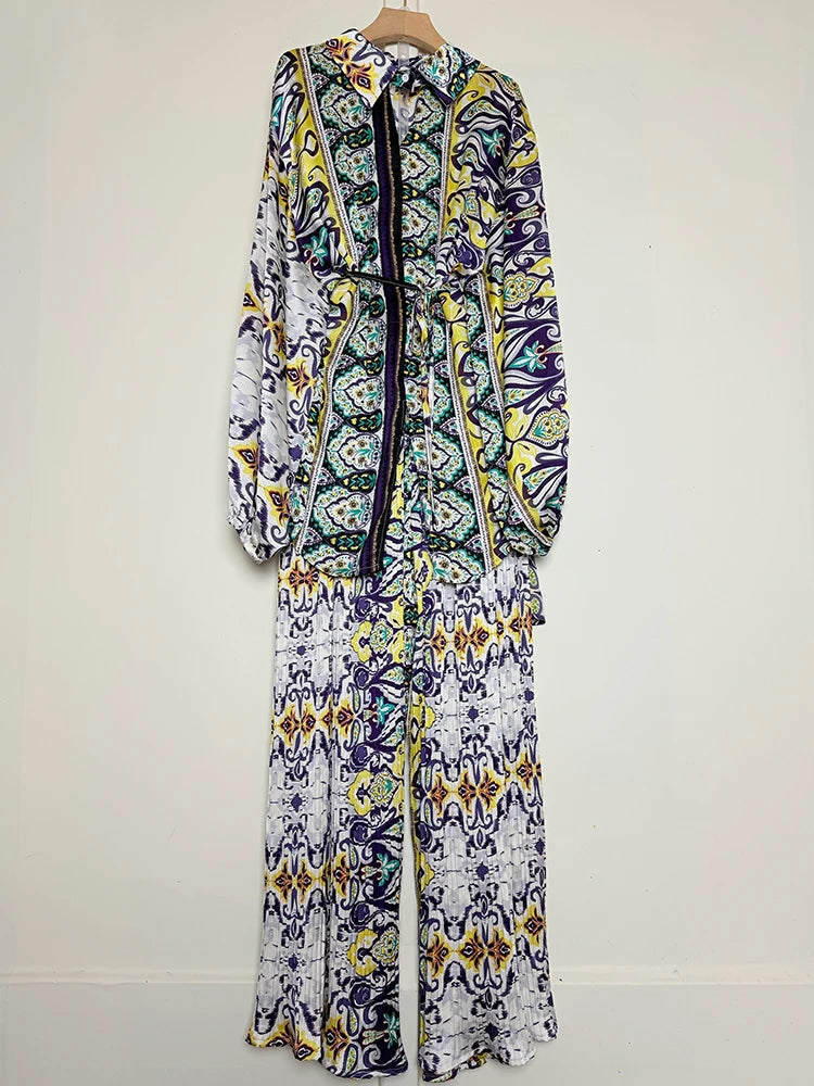 Spring Women's Retro Geometric Printed Collar Hoodie Loose Long Shirt Two Piece Set+Wide Leg Pants Fashion Set