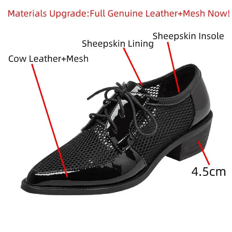 Spring Summer Genuine Leather Mesh Pumps Women Pointed Toe Lace Up Med Thick Heels Breathable Office Ladies Shoes 2025