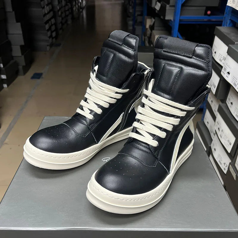 Men's Casual Shoes Genuine Leather Shoes for Women Owen Geo Black Solid Sneakers Lace-up Men's Shoes