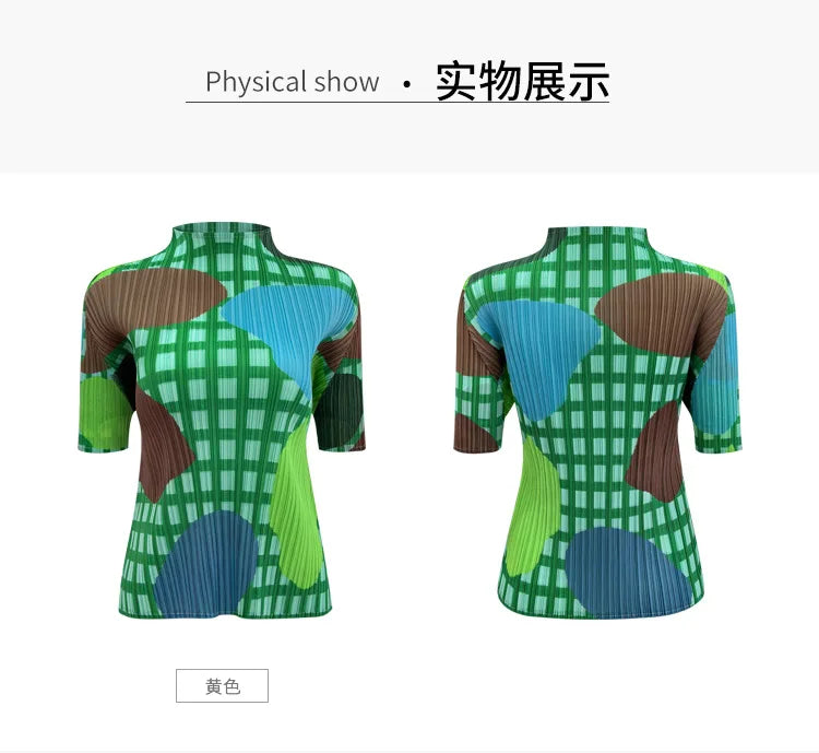 Miyake Elegant Green Plaid Color Block Print Pleated Top Mock Neck Half Sleeve Elastic Tee Daily Commute Office