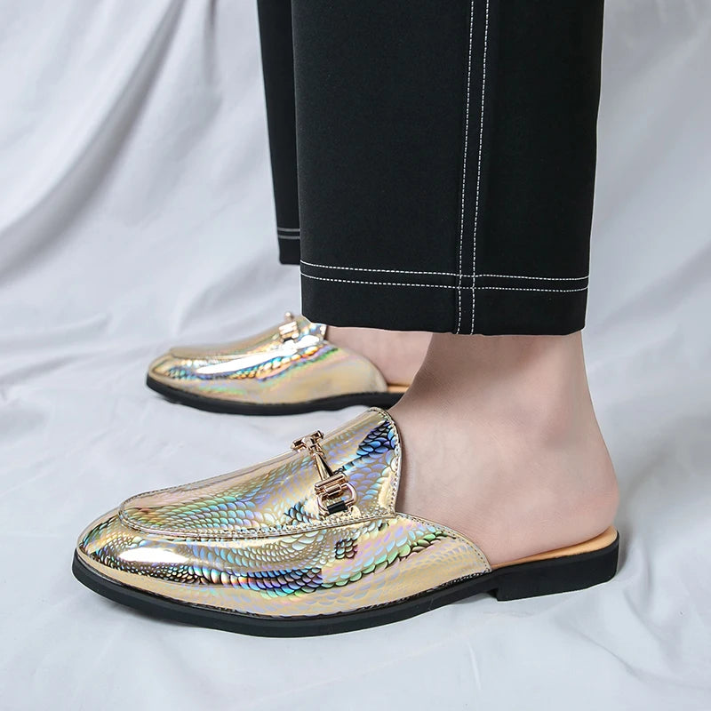 Fashion Brand Men's Cool Snake Skin Pattern Comfortable Half Back Leather Shoe Summer Men Breathable Bottom Casual Leather Shoes