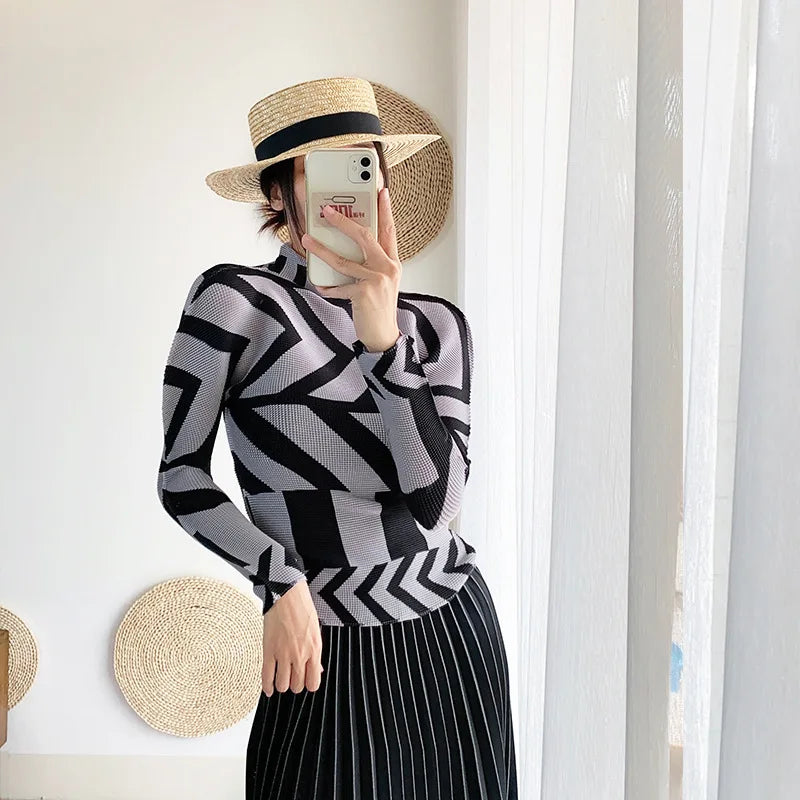 Miyake Pleated Contrasting Colors T-shirt Women Half Turtleneck Skinny Pullover 2025 Summer Fashion Female Clothing