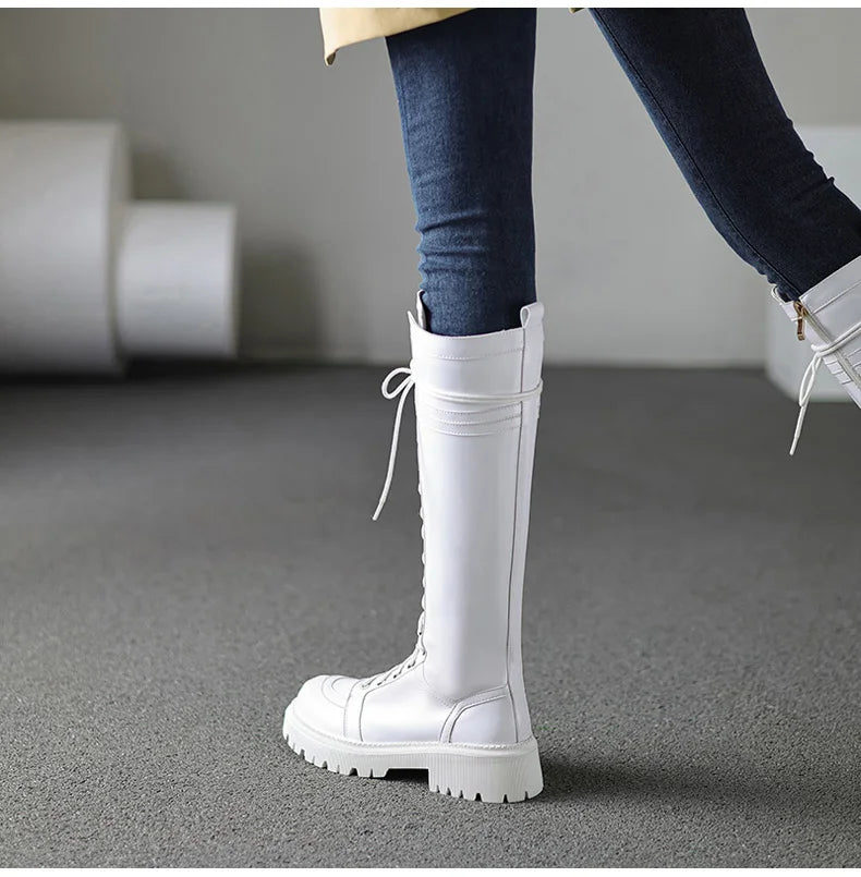 Ods Genuine Leather Women's High Knee Boots Winter Shoes Sexy Lace Up Black White Low Heels Party Shoes Girls Large Size 414243
