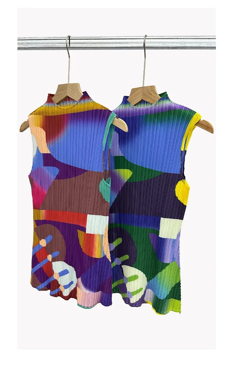 Miyake Pleated Geometric Playground Printed High-neck Sleeveless Top