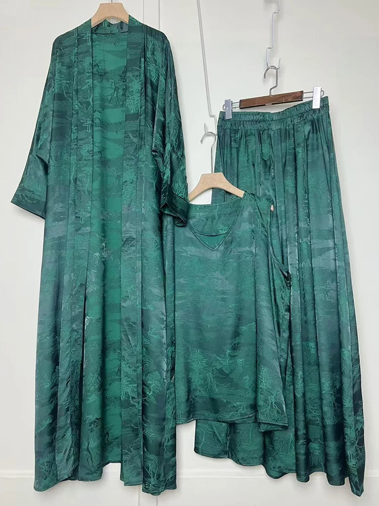 Retro positioning printed long cardigan+vest three piece set 2026 spring women's clothing+loose pants skirt fashion set
