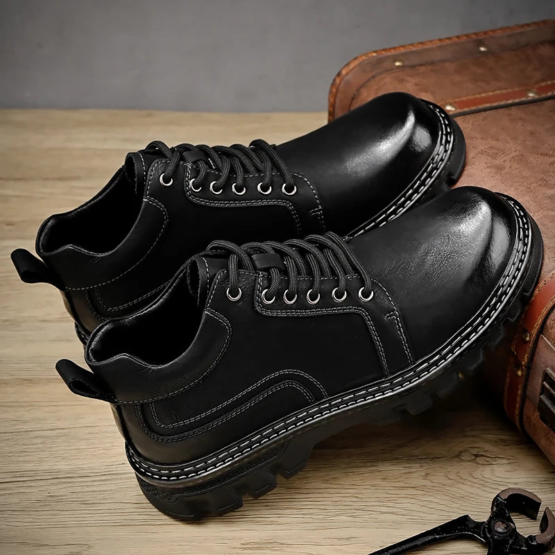 New Genuine Leather Men Boots Cow Leather Upper Durable Sole Lace up Autumn Winter Boots  Daily Leisure Outdoor Shoes For Man