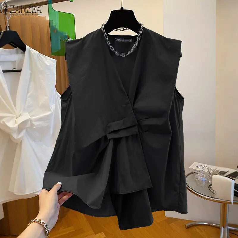 ZANZEA Trendy Pleated Design Women's Blue Tank Tops 2025 Summer Solid Color V-Neck Sleeveless Tops Streetwear 3 Colors S-3XL