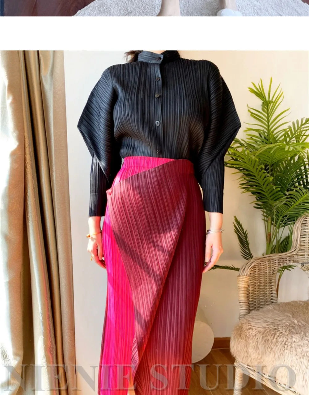 Miyake Pleated Skirt High Waist One Button Stitching Long Asymmetrical Skirt Two Piece Straight Korea Fashion Aesthetic Clothes