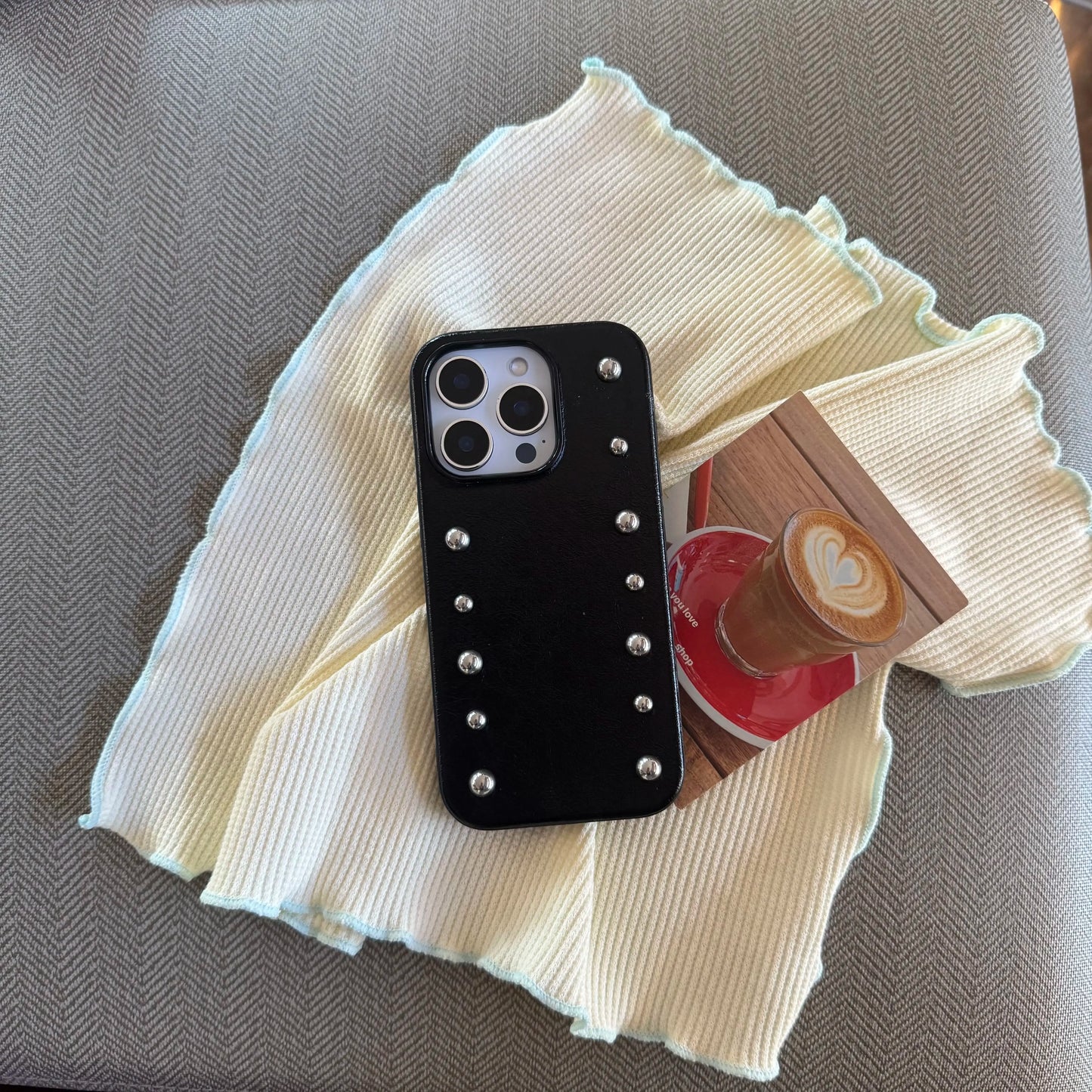 Chic iPhone case Personality Advanced Silver round Rivet Solid Color Leather Shock Proof Phone Cover for iPhone 17Promax 16 15 14 13 Pro Max Case