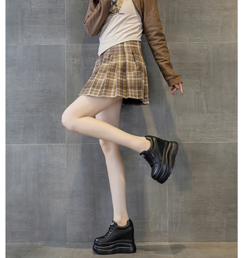 13cm Microfiber Leather Women Casual Shoes Chunky Sneakers Platform Wedge Heel Women Leisure Shoes Fall pring  Sneaker Women