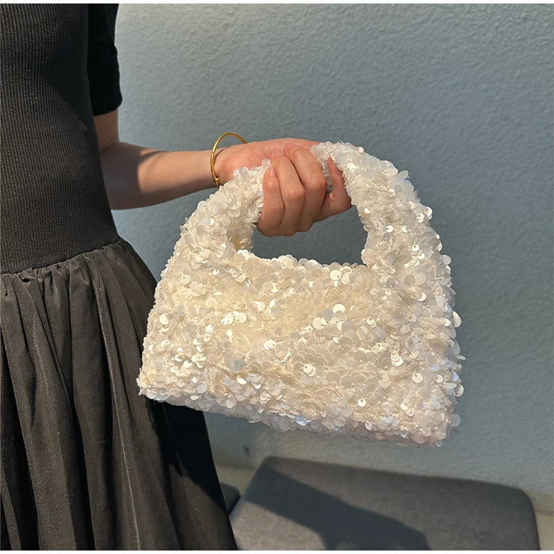 Luxury Pearlescent Sequin Elegant Clutch Purse,Niche French Designer Dumpling Cloud Hobo Evening Bag,Crescent Women Handbag
