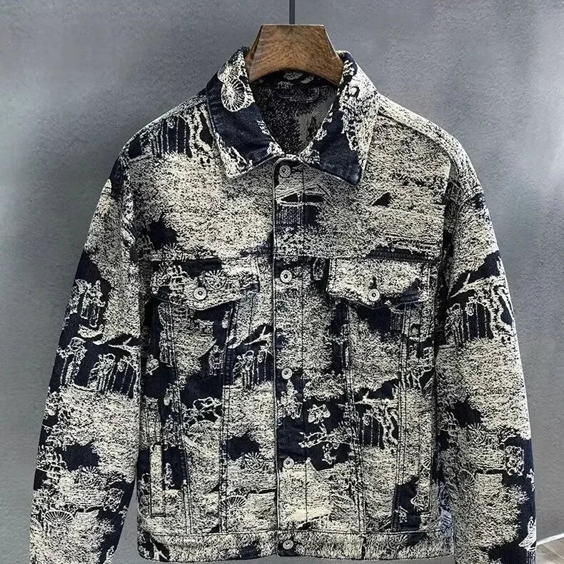 Retro Camouflage Loose Men's Jacket Long Sleeve Embroidered Denim Coat Fashionable Trendy Outerwear Comfortable Fit Male Coat