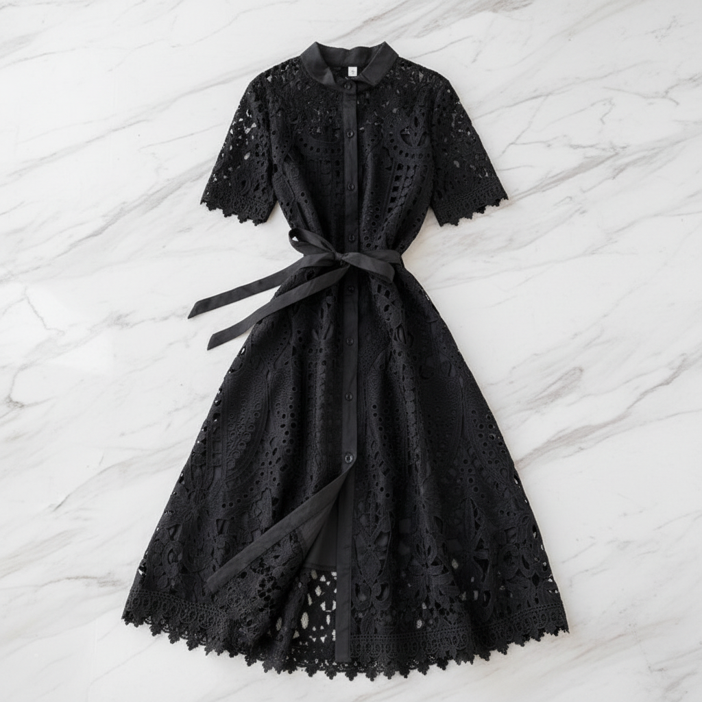 Summer Women Lace Sweet Sexy Dress Hollow Out Half High Collar Short Sleeve Single-breasted High Waist Slim Vintage Midi Dresses