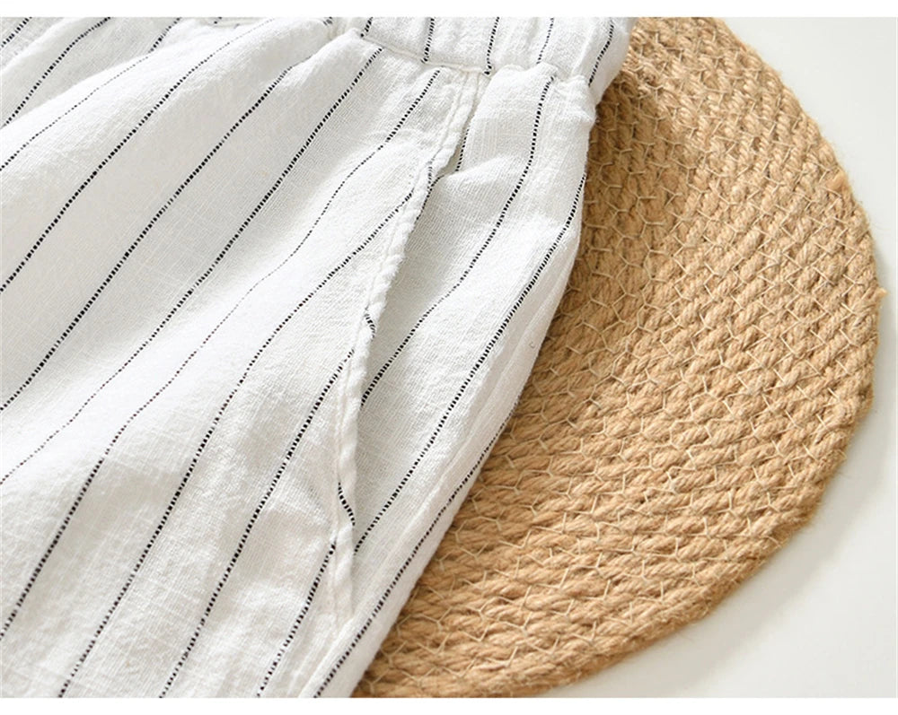 Summer cotton linen men's beach shorts loose fit breathable ramie striped straight daily causal pants for men