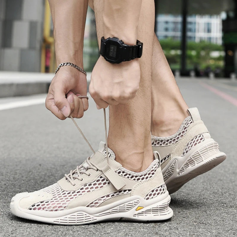 Breathable Men Casual Mesh Shoes Lightweight Summer Flats Comfortable Driving Shoes Simple Style Outdoor Walking Shoes Sneakers