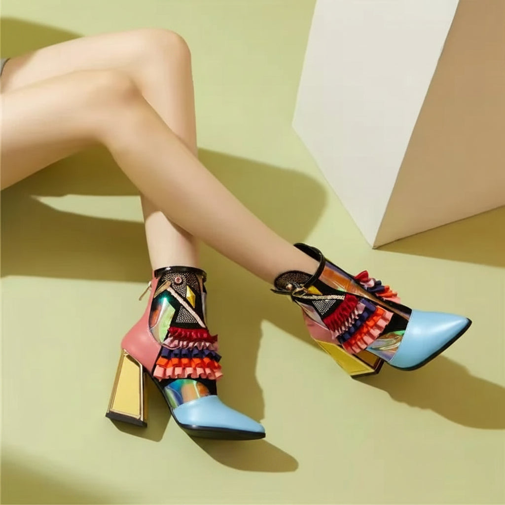 Mixed Color Women Boots Novetly Pointed Toe Thick Bottom Platform Ankle Boots Women Blingbling Shoes Mujer Modern Bota All Match