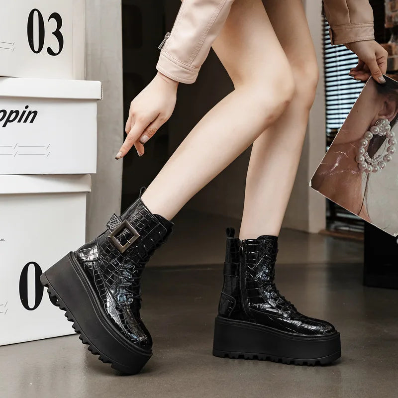 Fujin 8cm New Women Combat Boots Ankle Booties Platform Sneakers Spring Autumn Warm Fur Winter Genuine Leather Women Shoes Boot