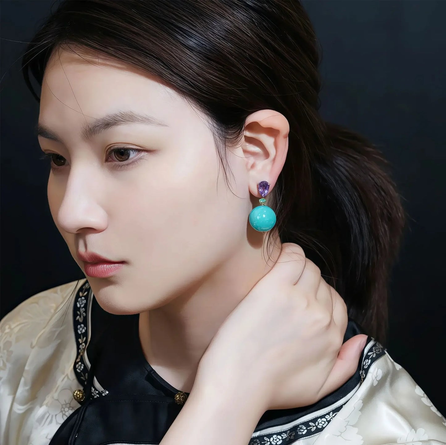 Elegant Purple Turquoise Zirconia Stud Earrings Fashionable Stylish Versatile High-End Feelings Bright Zircon Ear Jewelry