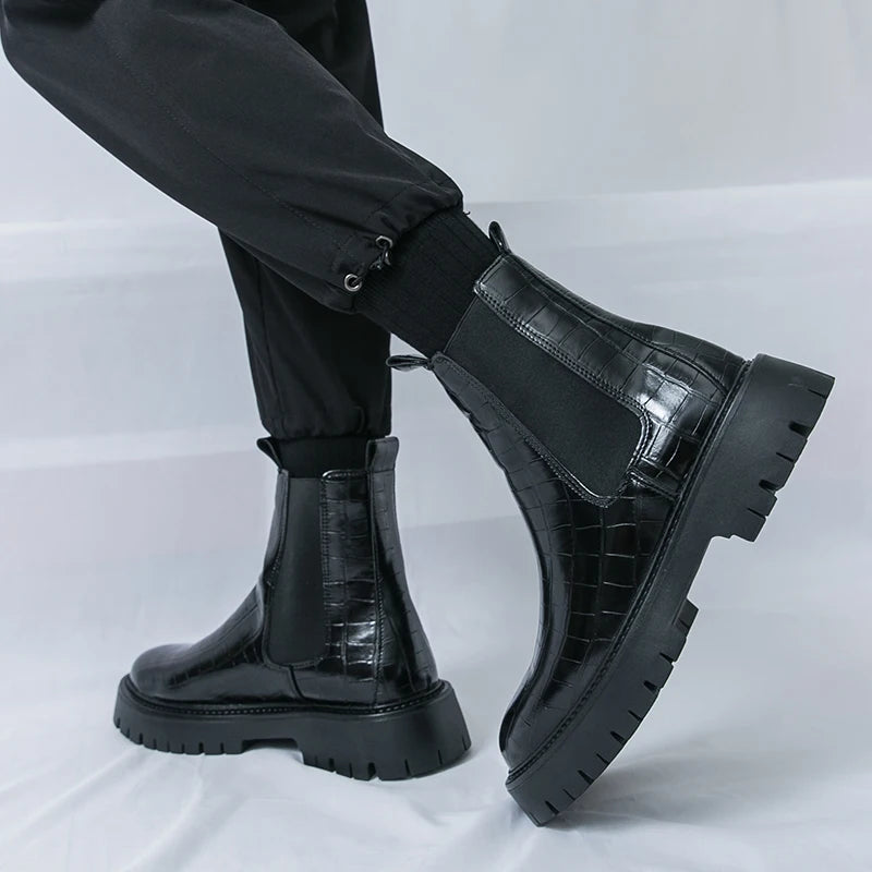 2025 Fashion Brand Men's Comfortable Fit Thick Soled Chimney Boots Autumn New High Top Chelsea Boots Plus Large Workwear Boots