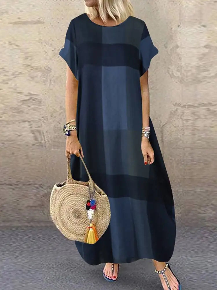 ZANZEA Bohemian Plaid Checked Sundress Summer Short Sleeve Long Dress Fashion Holiday Party Vestido Femme Casual Loose Robe 2025