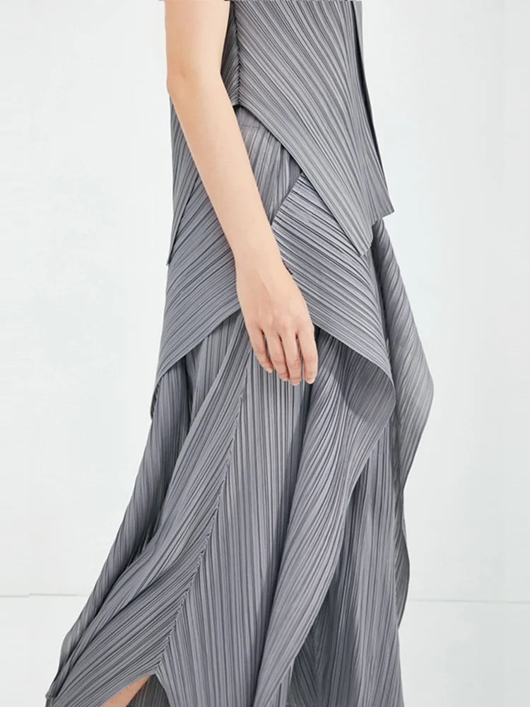Miyake Irregular Designer Pleated Two Pieces Set Women Sleeveless Elegant Top Wide Leg Loose Trousers Summer Lady Clothing