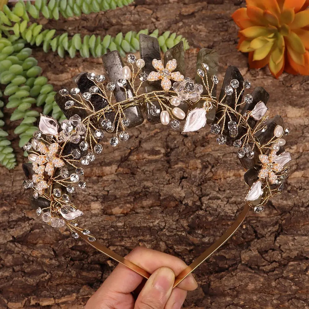 Natural Amethyst Quartz Crown Raw Stone Wand Hairpin with Flower Rhinestone Hand Crafted Women Hair Band for Party Birthday Gift