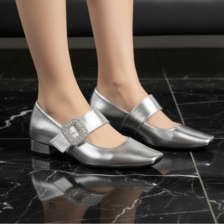European American Style Banquet Suede With One Strap Marie Zhen Rhinestone Thick Heel Low Heel Square Toe Single Women Shoes