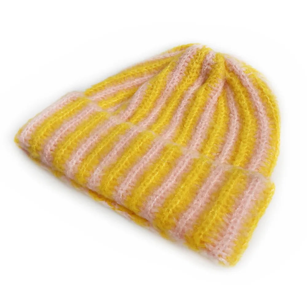New Striped Knitted Beanie Cap Windproof Flanged Design Knitted Hat Pullover Outdoor Cycling Cold Proof Warm Hat Autumn Winter