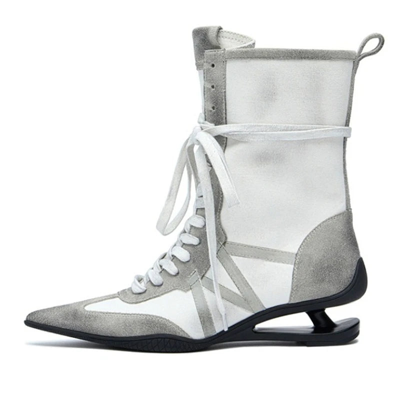 Pointed Toe Cross-tied Designer Women Boots Warm Strange Heel Retro Ankle Boots Zip Street Style Fashion High Short Boots Female